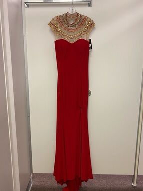 Red Embellished Illusion Neck Evening Gown